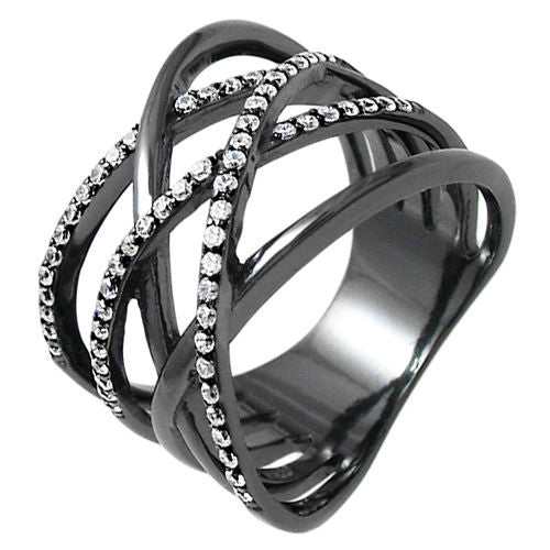 Black sterling silver crisscross ring with stone embellishments. Wholesale sterling silver rings. alternate photo.