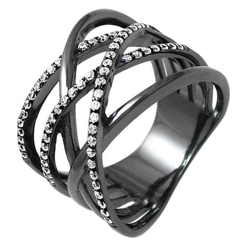 Black sterling silver crisscross ring with stone embellishments. Wholesale sterling silver rings. alternate photo.
