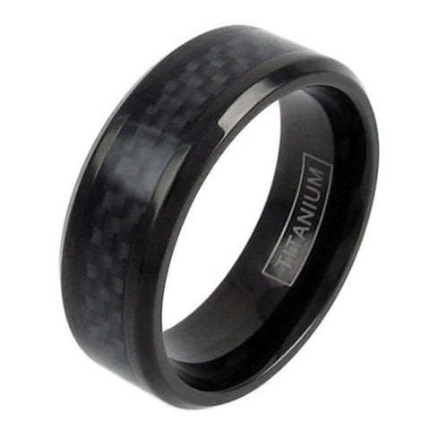 Black titanium ring with all black carbon fiber inlay & beveled edges | Wholesale Jewelry | Main photo