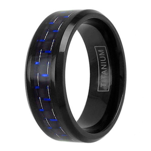 Black titanium ring with black/blue carbon fiber inlay & beveled edges | Wholesale Jewelry | Upright photo