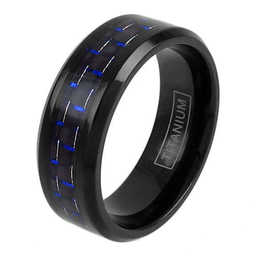 Black titanium ring with black/blue carbon fiber inlay & beveled edges | Wholesale Jewelry | Main photo
