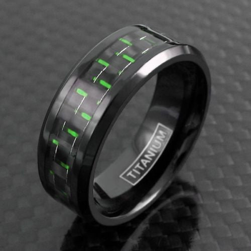 Black titanium ring with black/green carbon fiber inlay & beveled edges | Wholesale Jewelry | Black Background photo