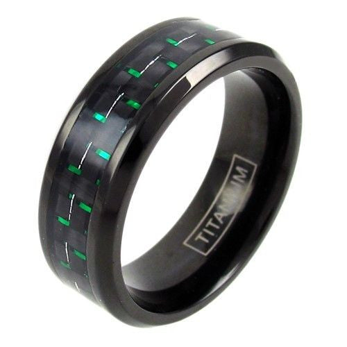 Black titanium ring with black/green carbon fiber inlay & beveled edges | Wholesale Jewelry | Diagonal photo