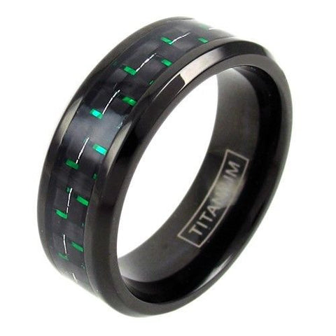 Black titanium ring with black/green carbon fiber inlay & beveled edges | Wholesale Jewelry | Diagonal photo