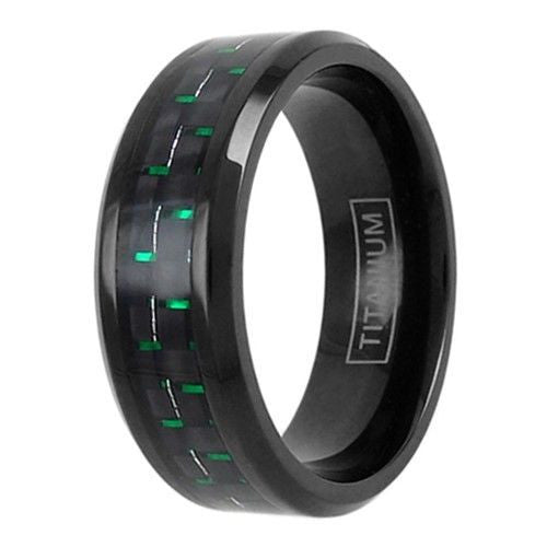 Black titanium ring with black/green carbon fiber inlay & beveled edges | Wholesale Jewelry | Upright photo