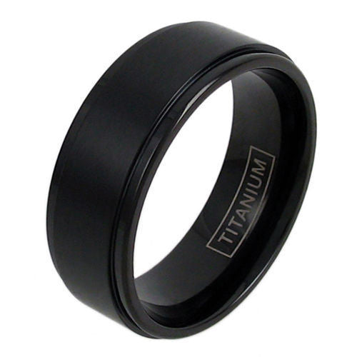 Black titanium ring with brushed finish band and stepped edges | Wholesale Titanium Jewelry | Main photo