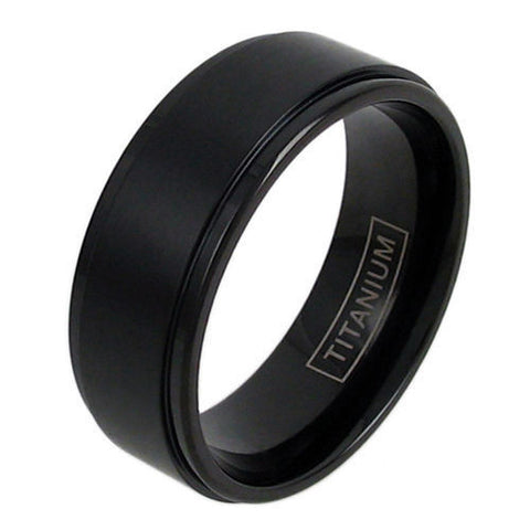 Black titanium ring with brushed finish band and stepped edges | Wholesale Titanium Jewelry | Main photo