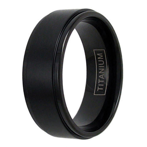 Black titanium ring with brushed finish band and stepped edges | Wholesale Titanium Jewelry | Upright photo