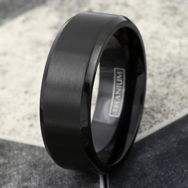 Black titanium ring w/ brushed satin finish center band & beveled edges | Wholesale Titanium Rings - Jewelry | Tile photo