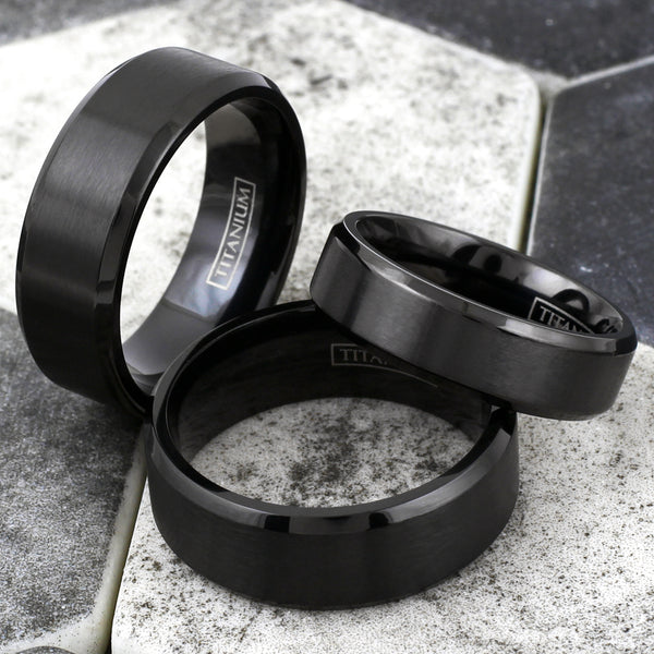 Black titanium ring w/ brushed satin finish center band & beveled edges | Wholesale Titanium Rings - Jewelry | Group photo