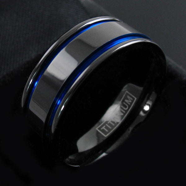 Black titanium ring with two cobalt blue racing stripes | Wholesale wedding bands | Alternate photo