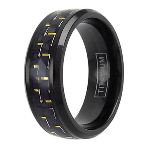 Black titanium ring with yellow/black carbon fiber inlay & beveled edges | Wholesale Jewelry | Upright photo