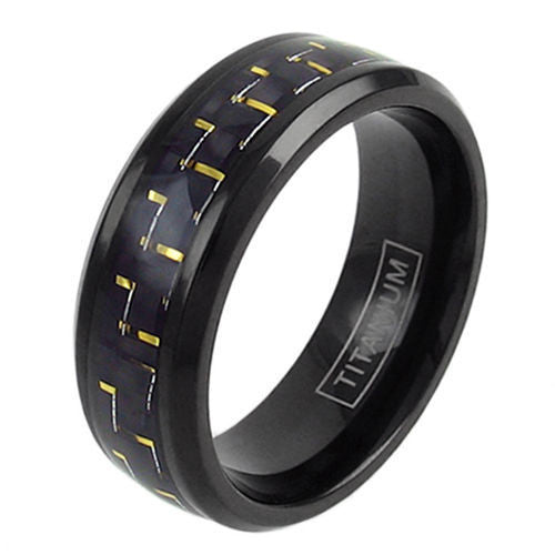 Black titanium ring with yellow/black carbon fiber inlay & beveled edges | Wholesale Jewelry | Main photo