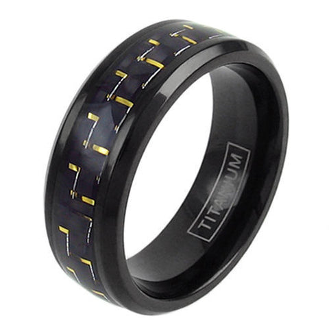 Black titanium ring with yellow/black carbon fiber inlay & beveled edges | Wholesale Jewelry | Main photo