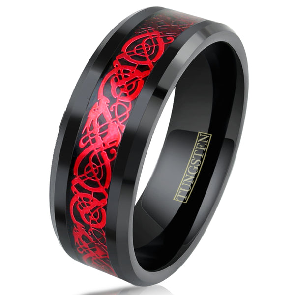 Black tungsten carbide ring | Ruby Red Celtic dragon | Wholesale Tungsten Rings - Wedding Bands | 8mm tilted photo.