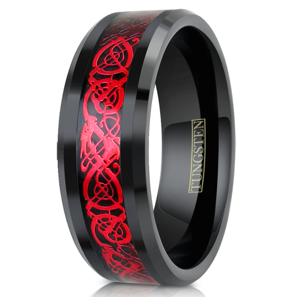 Black tungsten carbide ring | Ruby Red Celtic dragon | Wholesale Tungsten Rings - Wedding Bands | Upright Photo.