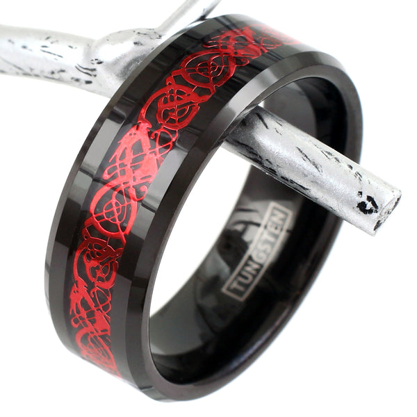 Black tungsten carbide ring | Ruby Red Celtic dragon | Wholesale Tungsten Rings - Wedding Bands | Twig Photo.