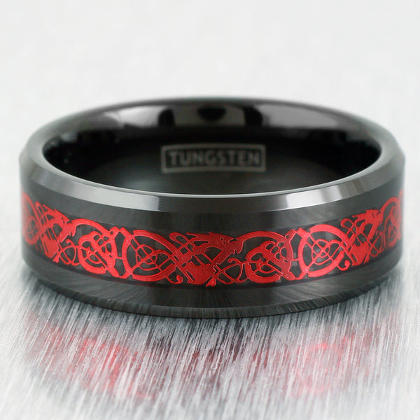 Black tungsten carbide ring | Ruby Red Celtic dragon | Wholesale Tungsten Rings - Wedding Bands | Flat Photo.