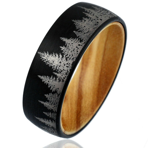 Stunning Satin Finish Black Tungsten Low Dome Band Ring with Beautiful Forest Scenery Etched Outer Band and Olive Wood Inner Band.