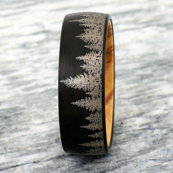 Stunning Satin Finish Black Tungsten Low Dome Band Ring with Beautiful Forest Scenery Etched Outer Band and Olive Wood Inner Band.