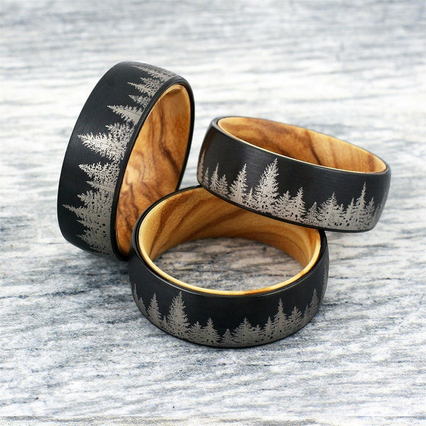 Stunning Satin Finish Black Tungsten Low Dome Band Ring with Beautiful Forest Scenery Etched Outer Band and Olive Wood Inner Band.