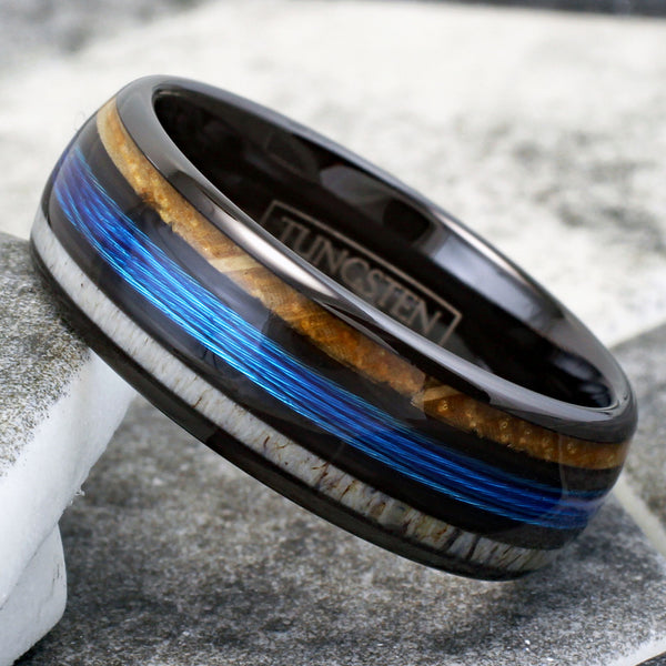 Magnificent Polished Black Tungsten Low Dome Ring with Bright Blue Real Fishing Line Between Whiskey Barrel Oak Wood and Deer Antler Inlays. Couple Ring.
