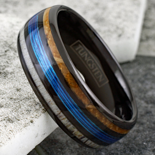 Magnificent Polished Black Tungsten Low Dome Ring with Bright Blue Real Fishing Line Between Whiskey Barrel Oak Wood and Deer Antler Inlays. Couple Ring.