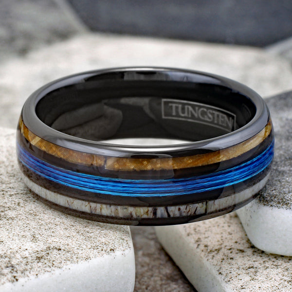 Magnificent Polished Black Tungsten Low Dome Ring with Bright Blue Real Fishing Line Between Whiskey Barrel Oak Wood and Deer Antler Inlays. Couple Ring.