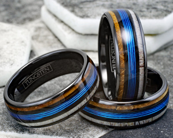 Magnificent Polished Black Tungsten Low Dome Ring with Bright Blue Real Fishing Line Between Whiskey Barrel Oak Wood and Deer Antler Inlays. Couple Ring.