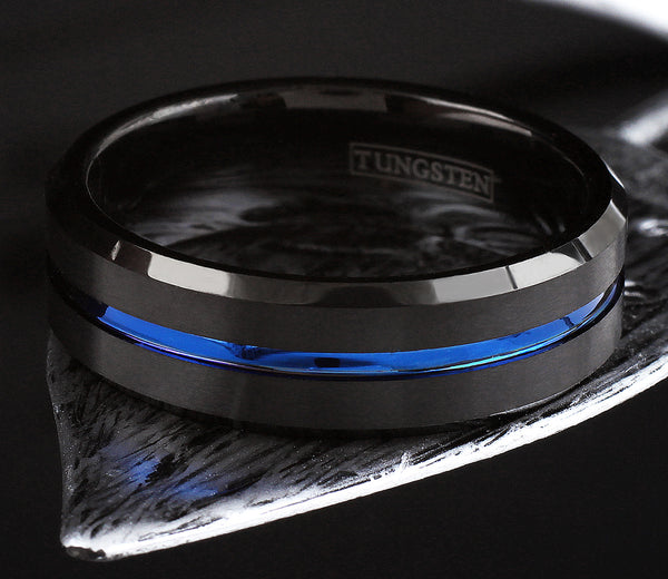 6mm Black tungsten ring w/ thin blue line stripe & beveled edges | Wholesale Tungsten Rings - Wedding Bands | Leaf photo