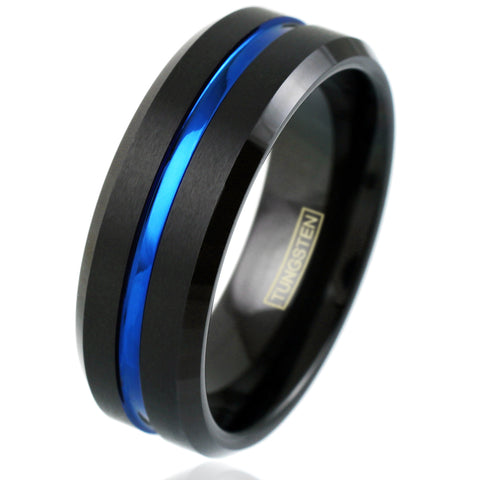 Black tungsten ring w/ thin blue line stripe & beveled edges | Wholesale Tungsten Rings - Wedding Bands | White photo