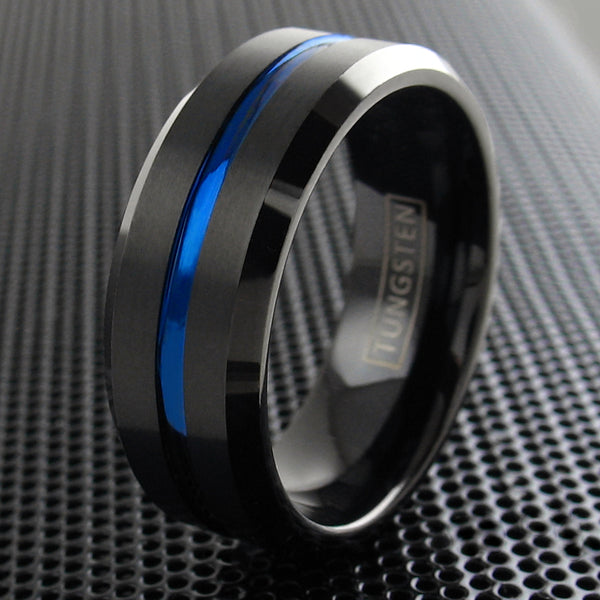 Black tungsten ring w/ thin blue line stripe & beveled edges | Wholesale Tungsten Rings - Wedding Bands | Grill photo