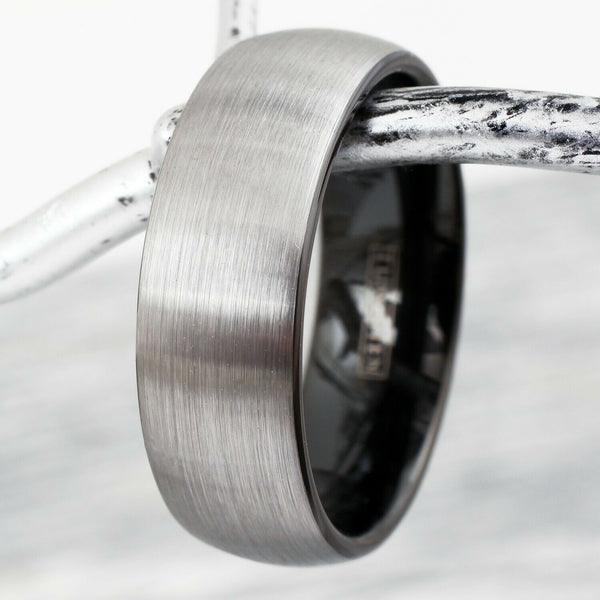 Beautiful Two Tone Black Tungsten Ring with Wide Silver Brushed Finish Center Band.