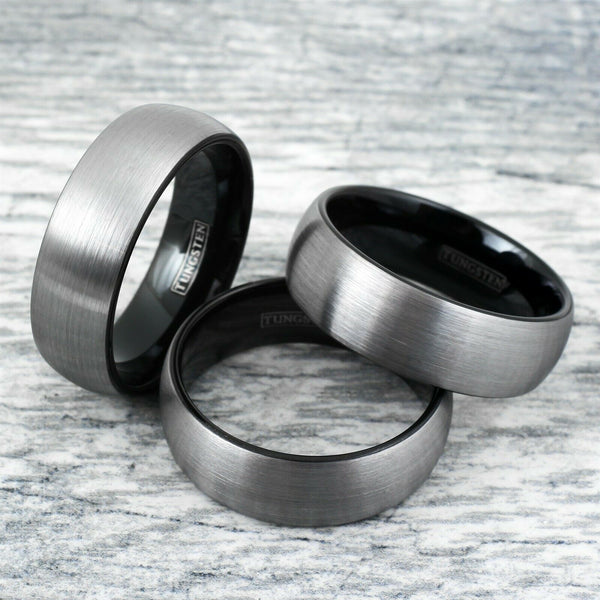 Beautiful Two Tone Black Tungsten Ring with Wide Silver Brushed Finish Center Band.