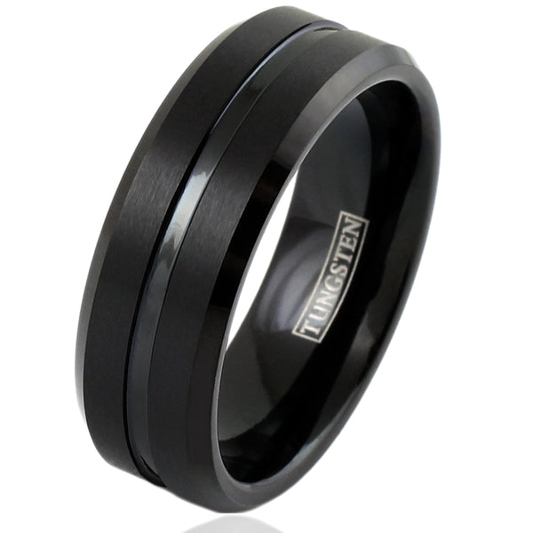Black brushed finish tungsten ring with polished center channel | Wholesale tungsten rings - Wedding bands | White photo