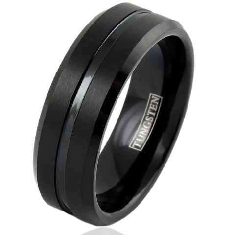 Black brushed finish tungsten ring with polished center channel | Wholesale tungsten rings - Wedding bands | White photo