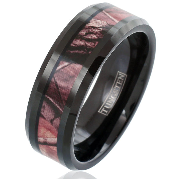 Black tungsten ring w/ beveled edges & red forest camo camouflage inlay | Wholesale tungsten rings - Wedding bands | Diagonal photo.