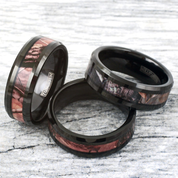 Black tungsten ring w/ beveled edges & red forest camo camouflage inlay | Wholesale tungsten rings - Wedding bands | Group photo.