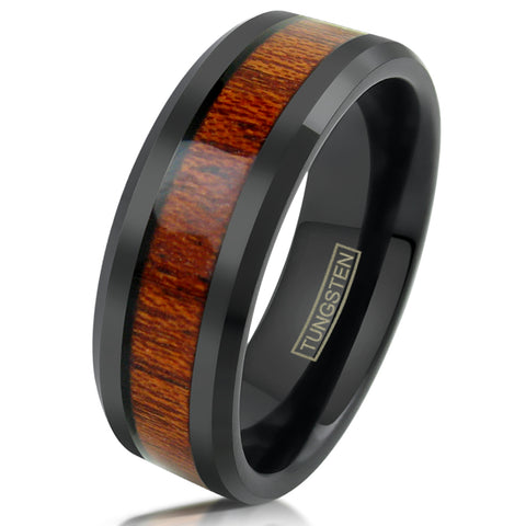 Black tungsten ring with Wood Inlay | Wholesale Tungsten Rings - Wedding Bands | White photo