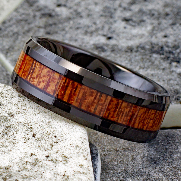 Unique and Contemporary Black Tungsten Band Ring with Brown Sandalwood Inlay & Beveled Edges.