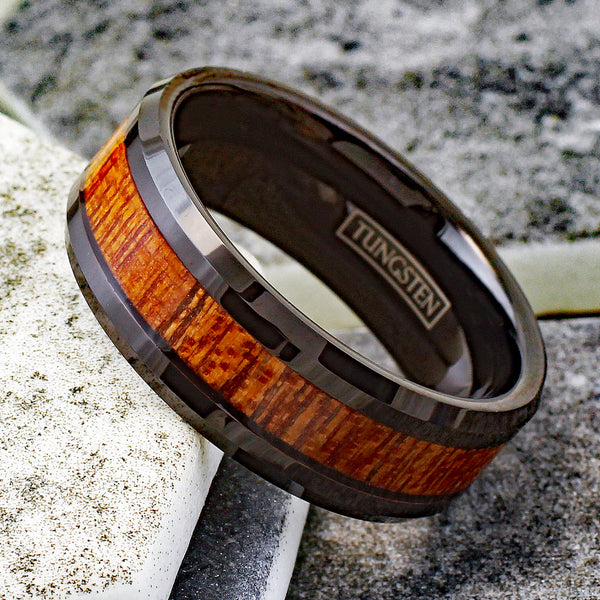 Unique and Contemporary Black Tungsten Band Ring with Brown Sandalwood Inlay & Beveled Edges.