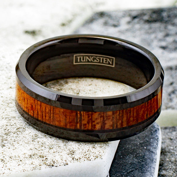 Unique and Contemporary Black Tungsten Band Ring with Brown Sandalwood Inlay & Beveled Edges.