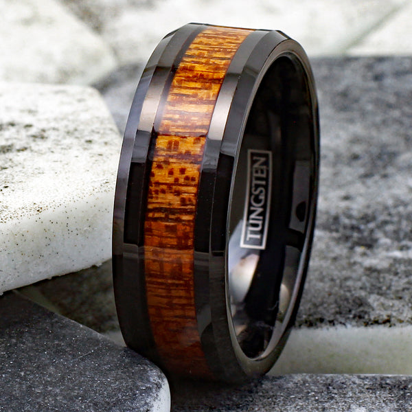 Unique and Contemporary Black Tungsten Band Ring with Brown Sandalwood Inlay & Beveled Edges.