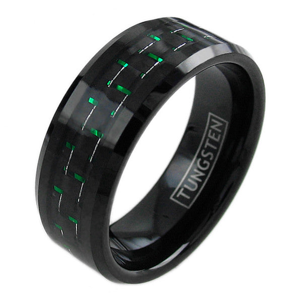 Dazzling Black Tungsten Ring with Black and Electric Green Carbon Fiber Inlay