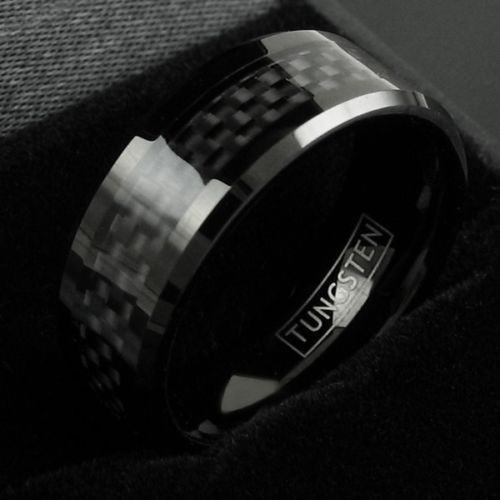 Polished black tungsten ring | Brilliant Black Carbon Fiber. Wholesale Tungsten Rings | Tungsten Wedding Bands. Felt Photo.