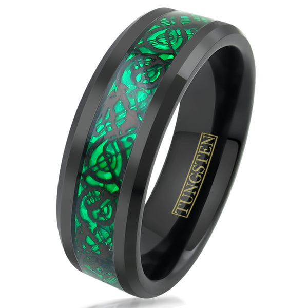 Black tungsten ring w/ Black Celtic dragon on Green Faux Carbon Fiber | Wholesale Tungsten Rings - Wedding Bands | Tilted Photo
