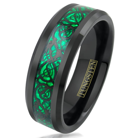 Black tungsten ring w/ Black Celtic dragon on Green Faux Carbon Fiber | Wholesale Tungsten Rings - Wedding Bands | Tilted Photo