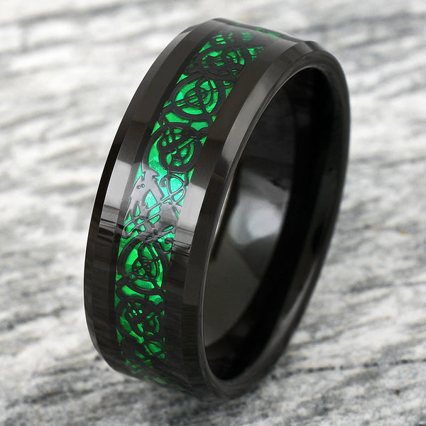 Black tungsten ring w/ Black Celtic dragon on Green Faux Carbon Fiber | Wholesale Tungsten Rings - Wedding Bands | Stone Photo