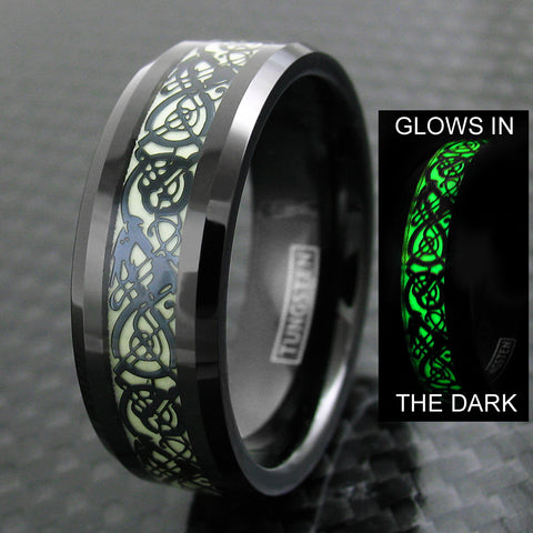 Stunning Black Tungsten Ring with Black Celtic Dragon on Glow in the Dark Background.