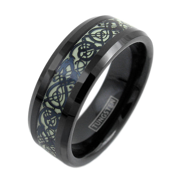Stunning Black Tungsten Ring with Black Celtic Dragon on Glow in the Dark Background.